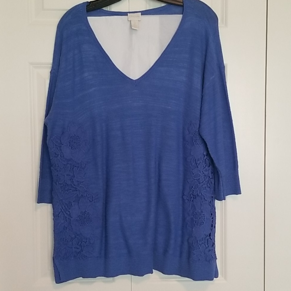 Chico's blue embroidered knit 3/4 sleeve top SZ 12